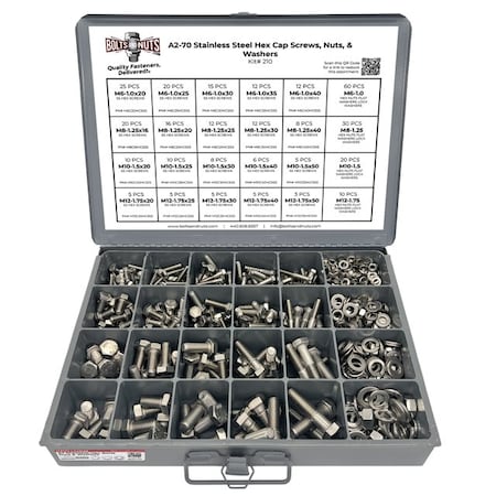 Boltsandnuts.Com Metric A2 Stainless Steel Hex Cap Screws, Hex Nuts, Flat & Lock Washers - 575 PCS Assortment Kit #210